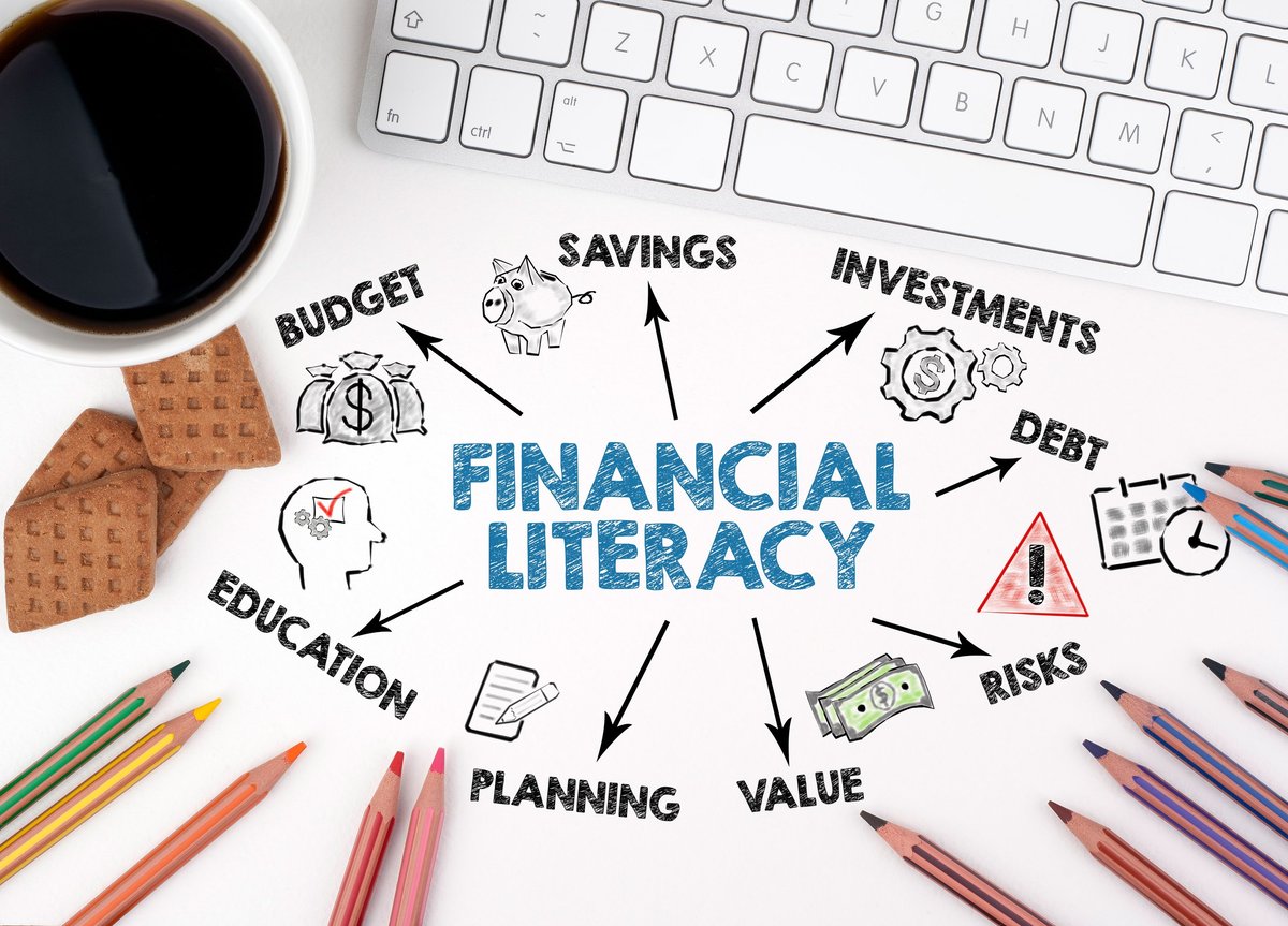 Financial literacy concept chart with keywords and icons