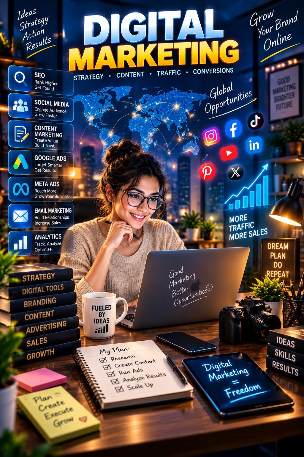 Woman at desk working on laptop surrounded by digital marketing concept graphics, social media icons, and planning notes