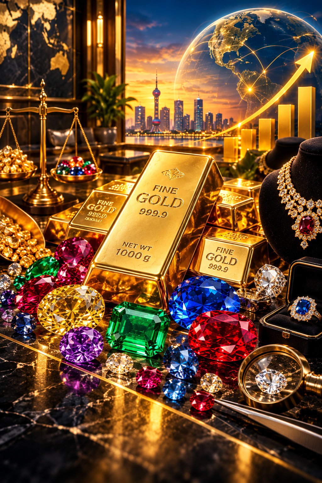 Gold bars and gemstones displayed with jewelry, scales, and cityscape background symbolizing wealth and financial growth