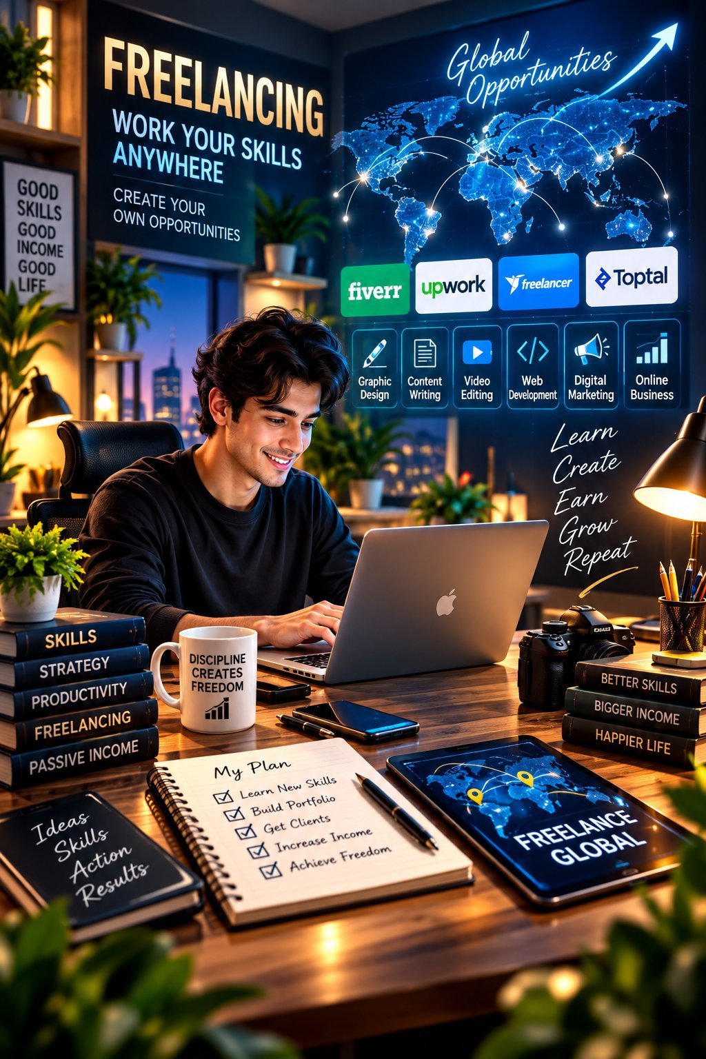 Young man at desk with laptop surrounded by freelancing and career growth motivational signage and global opportunity branding