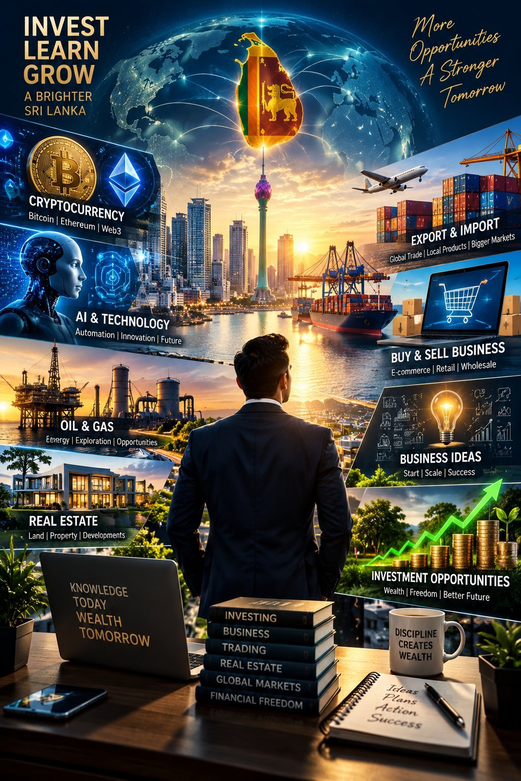 Businessman viewing global investment opportunities including cryptocurrency, AI, real estate, export, and business ideas with motivational growth messaging