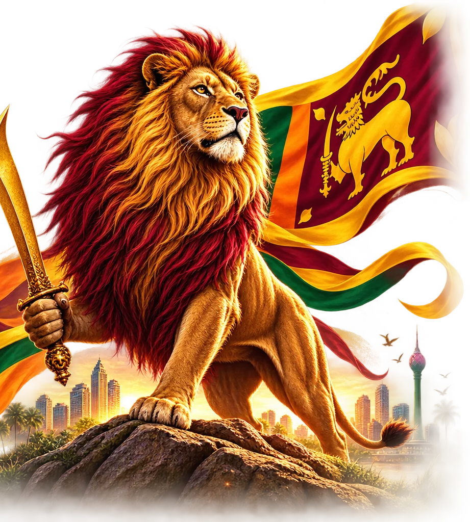 Majestic lion holding a sword with Sri Lankan flag and heraldic emblem, representing national pride and heritage